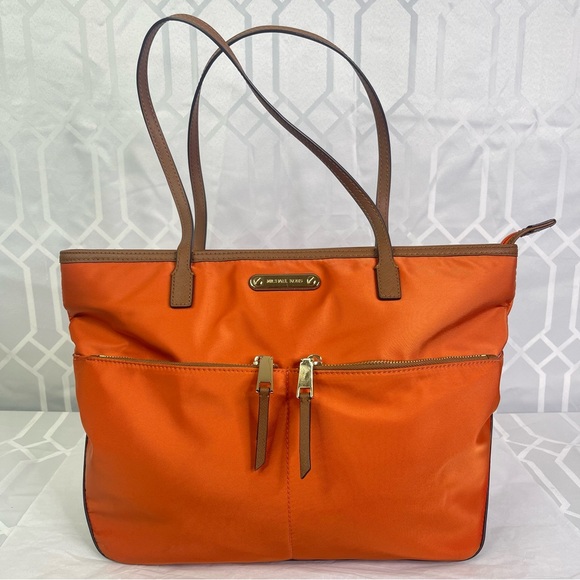 MICHAEL Michael Kors Kinley Nylon Tote Bag Clementine Orange Luggage Brown Trim - Picture 1 of 16